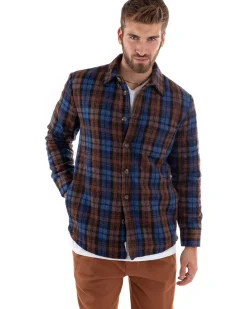 Cappotto Giubbotto Uomo Camicia Camicione Con Colletto Casual Fantasia A Quadri Blu GIOSAL-G2923A