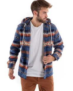 Cappotto Giubbotto Uomo Camicia Camicione Con Cappuccio Casual Fantasia Blu GIOSAL-G2924A