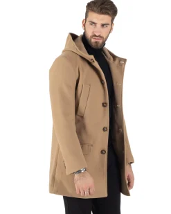 Cappotto Monopetto Uomo Giacca Giaccone Con Cappuccio Camel Baronetto Elegante GIOSAL-CO1006A