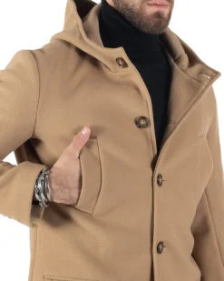 Cappotto Monopetto Uomo Giacca Giaccone Con Cappuccio Camel Baronetto Elegante GIOSAL-CO1006A