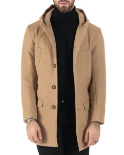 Cappotto Monopetto Uomo Giacca Giaccone Con Cappuccio Camel Baronetto Elegante GIOSAL-CO1006A