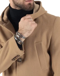 Cappotto Monopetto Uomo Giacca Giaccone Con Cappuccio Camel Baronetto Elegante GIOSAL-CO1006A