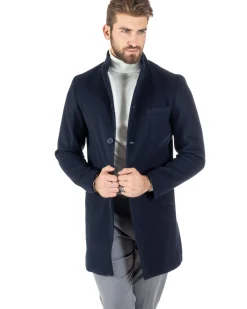 Cappotto Monopetto Uomo Giacca Collo Coreano Giaccone Lungo Blu Baronetto Elegante GIOSAL-CO1018A