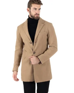 Cappotto Monopetto Uomo Giacca Colletto Rever Giaccone Tinta Unita Camel Baronetto Elegante GIOSAL-CO1001A