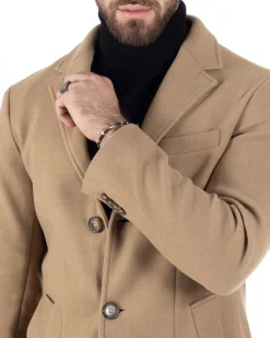 Cappotto Monopetto Uomo Giacca Colletto Rever Giaccone Tinta Unita Camel Baronetto Elegante GIOSAL-CO1001A