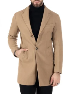 Cappotto Monopetto Uomo Giacca Colletto Rever Giaccone Tinta Unita Camel Baronetto Elegante GIOSAL-CO1001A