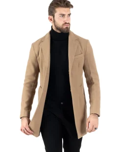 Cappotto Monopetto Uomo Giacca Colletto Rever Giaccone Tinta Unita Camel Baronetto Elegante GIOSAL-CO1001A
