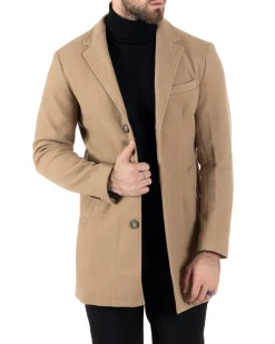 Cappotto Monopetto Uomo Giacca Colletto Rever Giaccone Tinta Unita Camel Baronetto Elegante GIOSAL-CO1001A