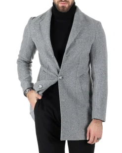 Cappotto Monopetto Uomo Giacca Colletto Rever Giaccone Tinta Unita Grigio Baronetto Elegante GIOSAL-CO1003A