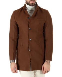 Cappotto Monopetto Uomo Giacca Collo Coreano Giaccone Lungo Tabacco Baronetto Elegante GIOSAL-CO1019A