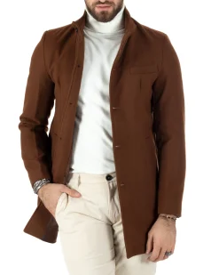 Cappotto Monopetto Uomo Giacca Collo Coreano Giaccone Lungo Tabacco Baronetto Elegante GIOSAL-CO1019A