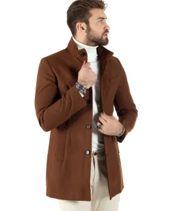 Cappotto Monopetto Uomo Giacca Collo Coreano Giaccone Lungo Tabacco Baronetto Elegante GIOSAL-CO1019A