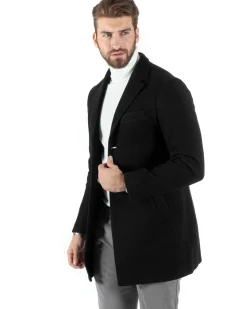 Cappotto Monopetto Uomo Giacca Colletto Rever Giaccone Tinta Unita Nero Baronetto Elegante GIOSAL-CO1002A