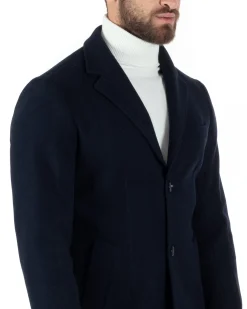 Cappotto Monopetto Uomo Giacca Colletto Rever Giaccone Tinta Unita Blu Baronetto Elegante GIOSAL-CO1000A