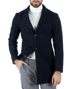 Cappotto Monopetto Uomo Giacca Colletto Rever Giaccone Tinta Unita Blu Baronetto Elegante GIOSAL-CO1000A