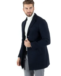 Cappotto Monopetto Uomo Giacca Colletto Rever Giaccone Tinta Unita Blu Baronetto Elegante GIOSAL-CO1000A