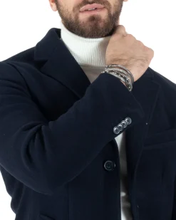 Cappotto Monopetto Uomo Giacca Colletto Rever Giaccone Tinta Unita Blu Baronetto Elegante GIOSAL-CO1000A