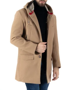Cappotto Monopetto Uomo Giacca Giaccone Con Cappuccio In Lana Camel Baronetto Elegante GIOSAL-CO1030A