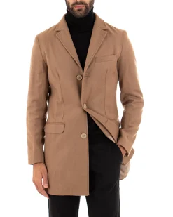 Cappotto Monopetto Uomo Giacca Colletto Rever Giaccone Tinta Unita Camel Baronetto Elegante GIOSAL-CO1022A