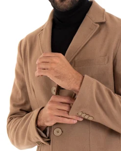 Cappotto Monopetto Uomo Giacca Colletto Rever Giaccone Tinta Unita Camel Baronetto Elegante GIOSAL-CO1022A