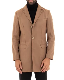 Cappotto Monopetto Uomo Giacca Colletto Rever Giaccone Tinta Unita Camel Baronetto Elegante GIOSAL-CO1022A