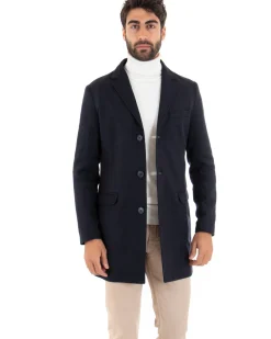 Cappotto Monopetto Uomo Giacca Colletto Rever Giaccone Tinta Unita Blu Baronetto Elegante GIOSAL-CO1069A
