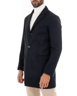 Cappotto Monopetto Uomo Giacca Colletto Rever Giaccone Tinta Unita Blu Baronetto Elegante GIOSAL-CO1069A