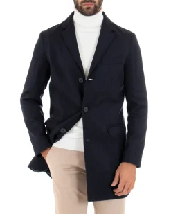 Cappotto Monopetto Uomo Giacca Colletto Rever Giaccone Tinta Unita Blu Baronetto Elegante GIOSAL-CO1069A