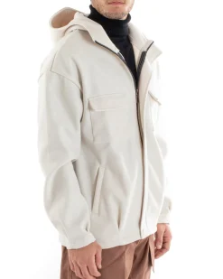 Cappotto Uomo Camoscio Giubbotto Con Cappuccio Giacca Calda Con Zip Tinta Unita Panna Casual GIOSAL-G2948A