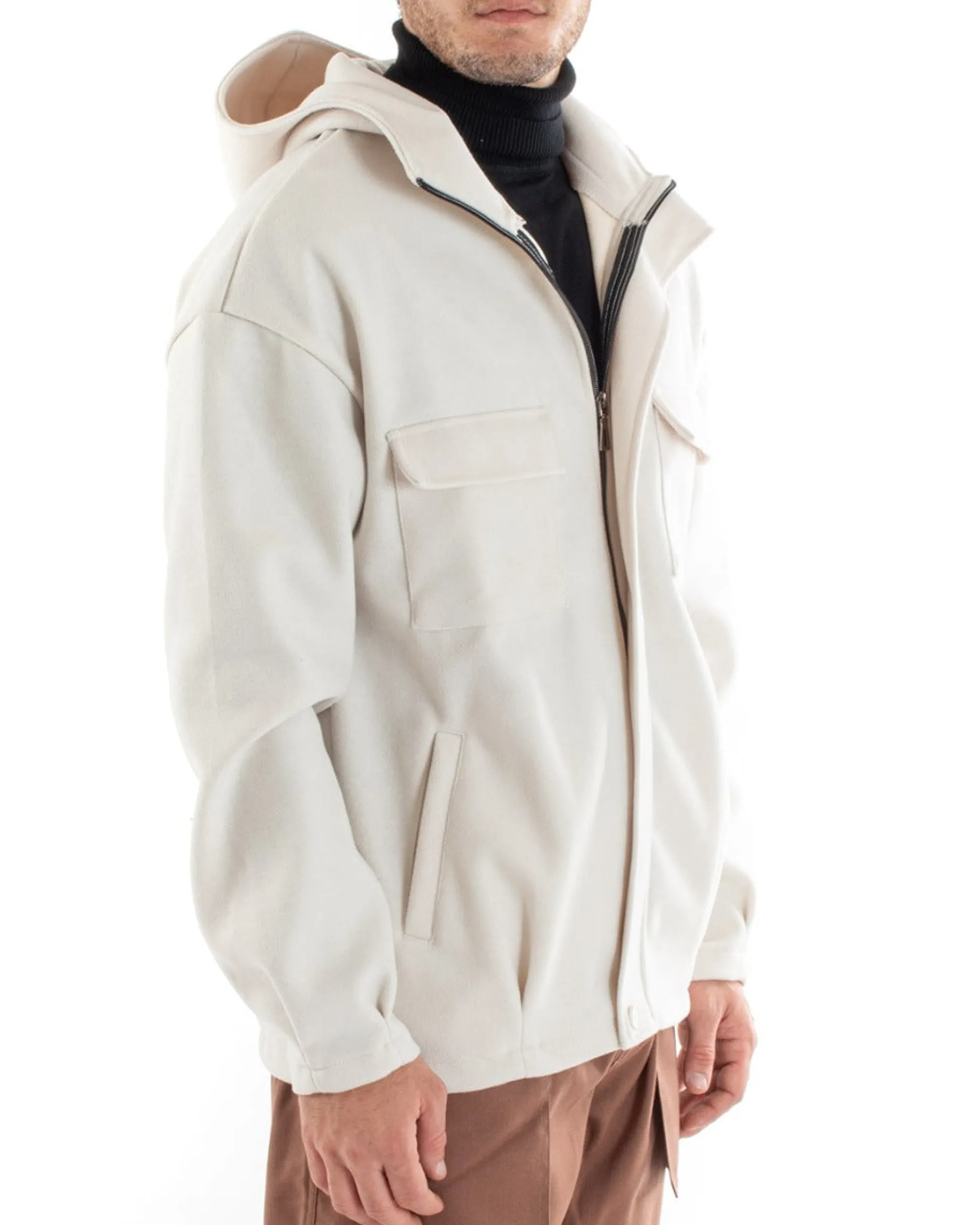 Cappotto Uomo Camoscio Giubbotto Con Cappuccio Giacca Calda Con Zip Tinta Unita Panna Casual GIOSAL-G2948A