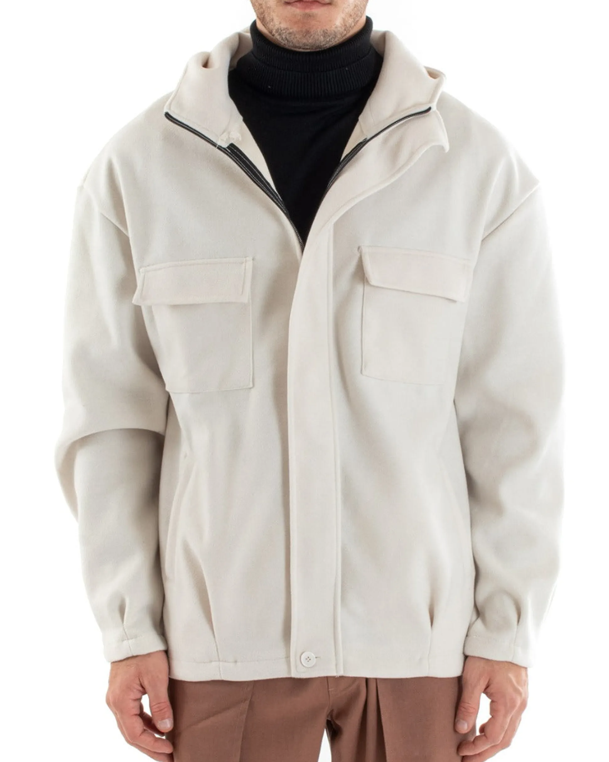 Cappotto Uomo Camoscio Giubbotto Con Cappuccio Giacca Calda Con Zip Tinta Unita Panna Casual GIOSAL-G2948A