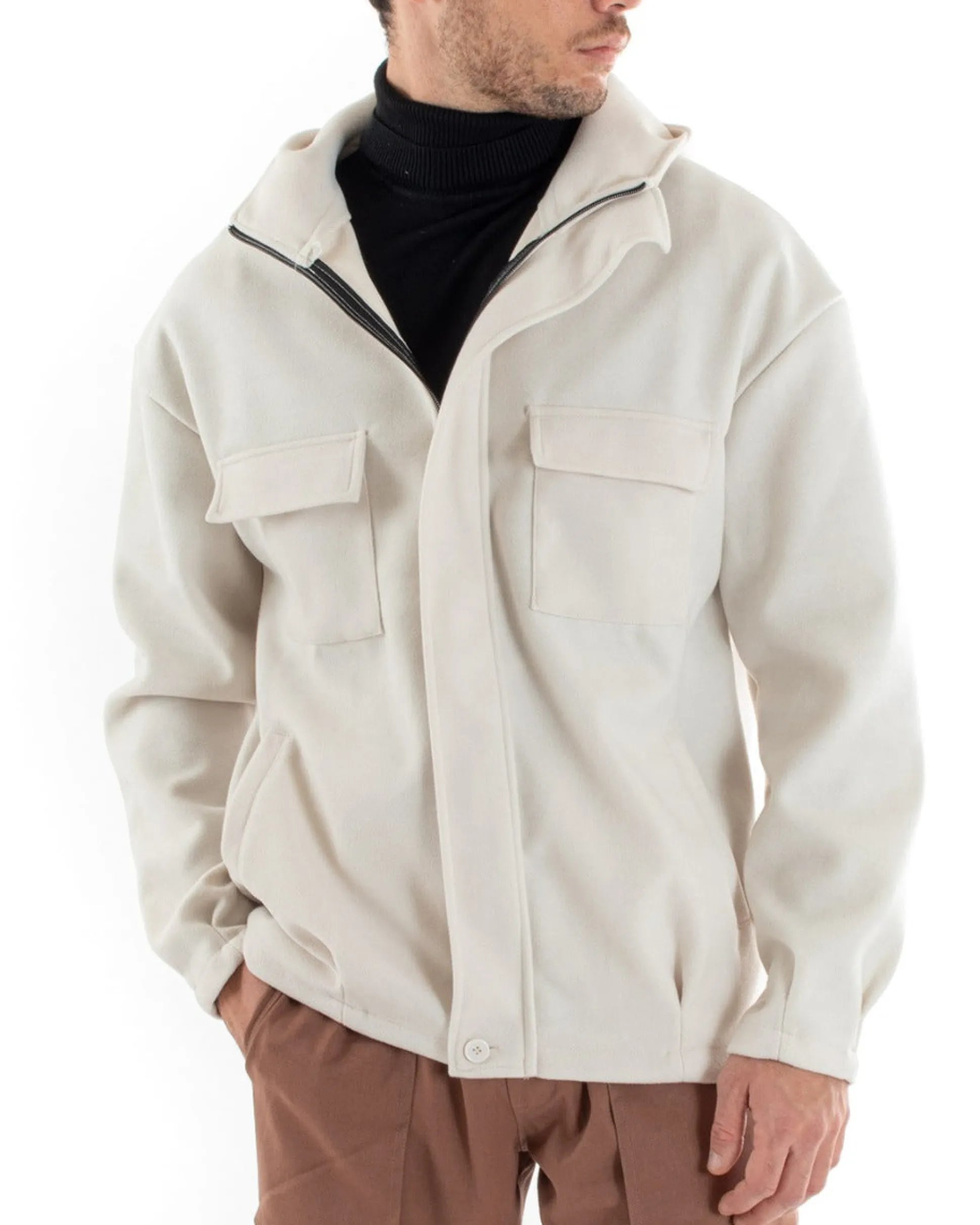 Cappotto Uomo Camoscio Giubbotto Con Cappuccio Giacca Calda Con Zip Tinta Unita Panna Casual GIOSAL-G2948A
