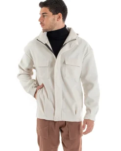 Cappotto Uomo Camoscio Giubbotto Con Cappuccio Giacca Calda Con Zip Tinta Unita Panna Casual GIOSAL-G2948A