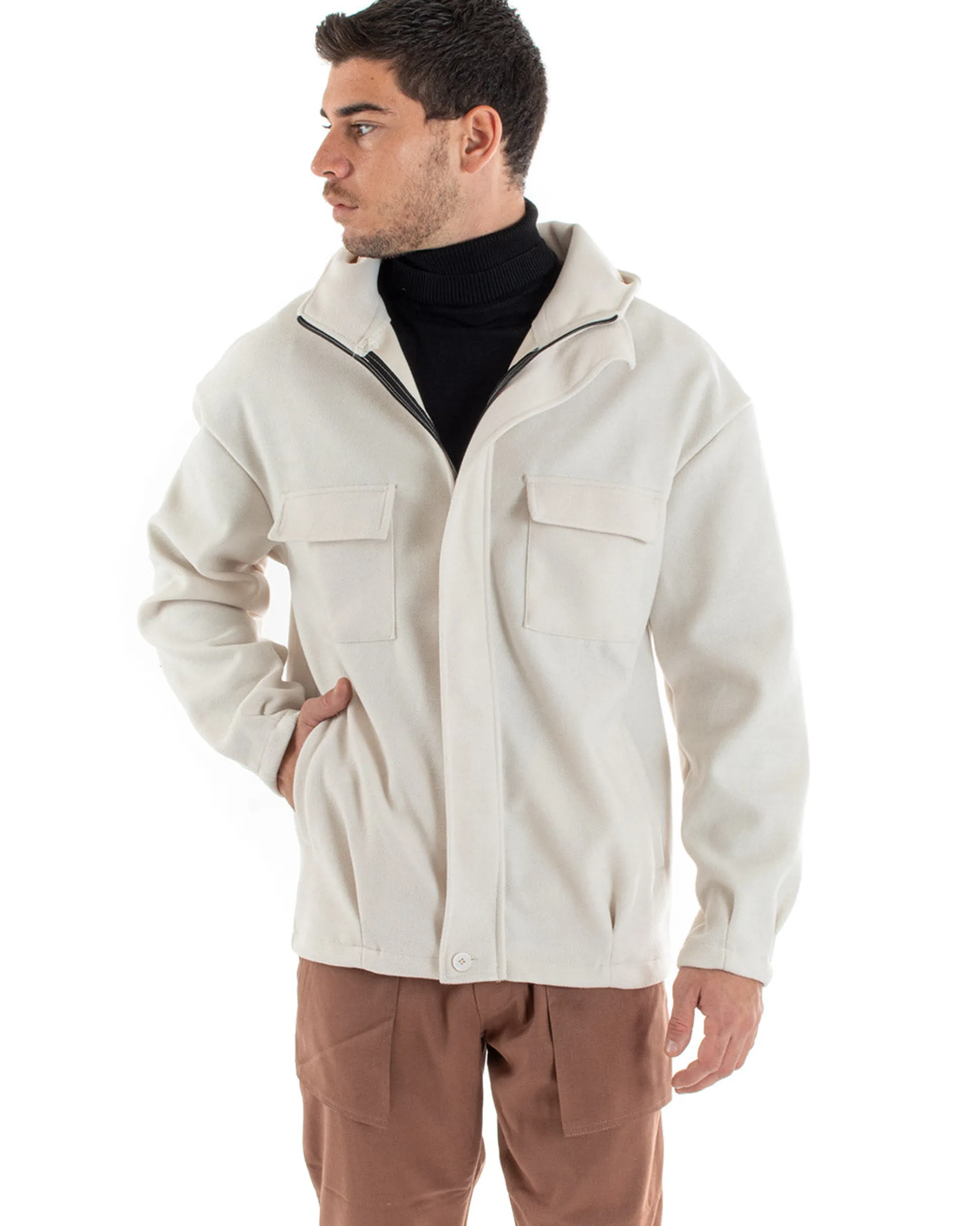 Cappotto Uomo Camoscio Giubbotto Con Cappuccio Giacca Calda Con Zip Tinta Unita Panna Casual GIOSAL-G2948A