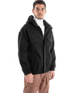 Cappotto Uomo Camoscio Giubbotto Con Cappuccio Giacca Calda Con Zip Tinta Unita Nero GIOSAL-G2947A