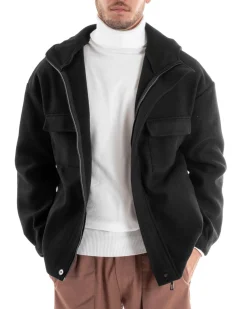 Cappotto Uomo Camoscio Giubbotto Con Cappuccio Giacca Calda Con Zip Tinta Unita Nero GIOSAL-G2947A