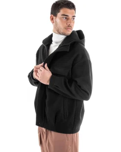 Cappotto Uomo Camoscio Giubbotto Con Cappuccio Giacca Calda Con Zip Tinta Unita Nero GIOSAL-G2947A