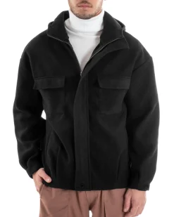 Cappotto Uomo Camoscio Giubbotto Con Cappuccio Giacca Calda Con Zip Tinta Unita Nero GIOSAL-G2947A