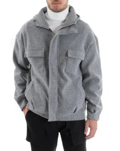 Cappotto Uomo Camoscio Giubbotto Con Cappuccio Giacca Calda Con Zip Tinta Unita Grigio GIOSAL-G2945A