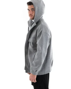 Cappotto Uomo Camoscio Giubbotto Con Cappuccio Giacca Calda Con Zip Tinta Unita Grigio GIOSAL-G2945A