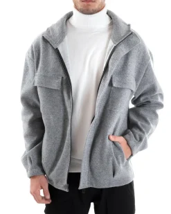 Cappotto Uomo Camoscio Giubbotto Con Cappuccio Giacca Calda Con Zip Tinta Unita Grigio GIOSAL-G2945A