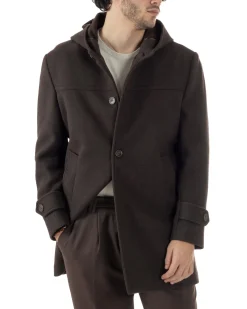 Cappotto Uomo Cappuccio Monopetto Tinta Unita Marrone CO1106A
