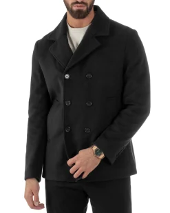Cappotto Uomo Corto Doppiopetto Martingala Giaccone In Panno Nero CO1100A
