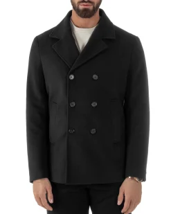 Cappotto Uomo Corto Doppiopetto Martingala Giaccone In Panno Nero CO1100A