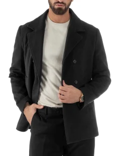 Cappotto Uomo Corto Doppiopetto Martingala Giaccone In Panno Nero CO1100A