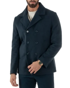 Cappotto Uomo Corto Doppiopetto Martingala Giaccone In Panno Blu CO1099A