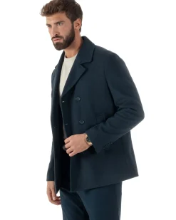 Cappotto Uomo Corto Doppiopetto Martingala Giaccone In Panno Blu CO1099A