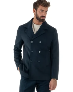 Cappotto Uomo Corto Doppiopetto Martingala Giaccone In Panno Blu CO1099A