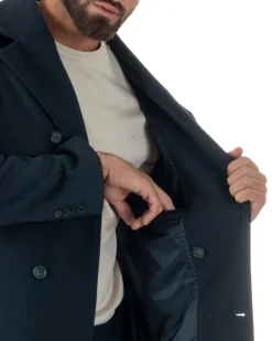 Cappotto Uomo Corto Doppiopetto Martingala Giaccone In Panno Blu CO1099A