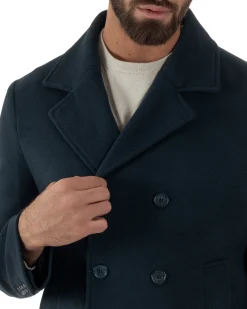 Cappotto Uomo Corto Doppiopetto Martingala Giaccone In Panno Blu CO1099A